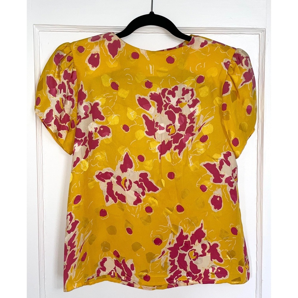 VINTAGE CARLISLE FLORAL PINK YELLOW DOT ARTSY SILK SHORT SLEEVE TOP 2‎